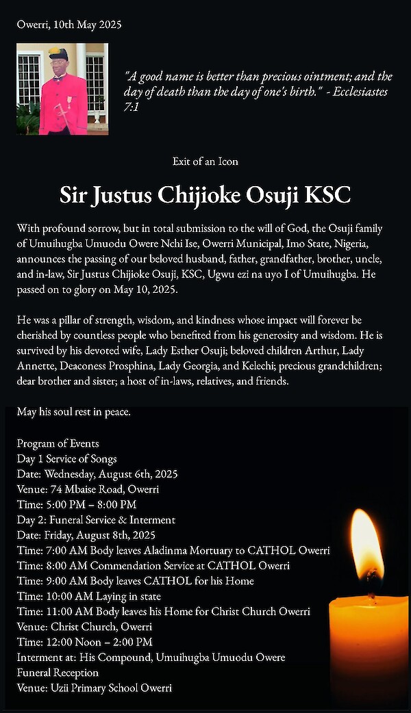 Esquela de Sir Justus Chijioke Osuji KSC