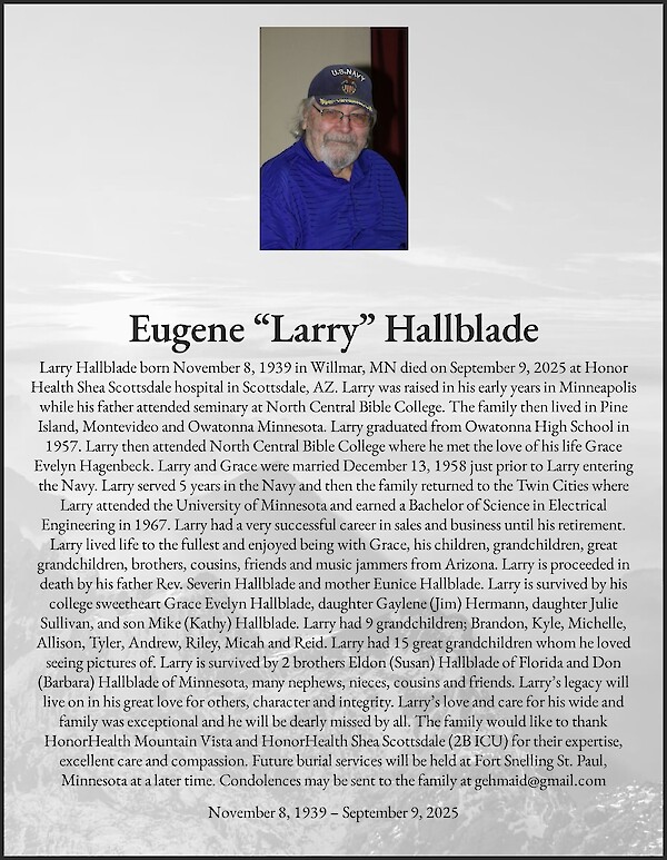 Esquela de Eugene “Larry” Hallblade, Gold Canyon, Arizona