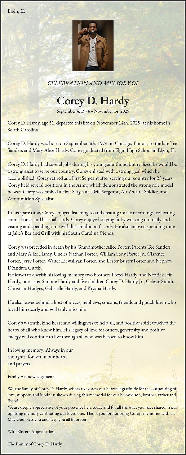 Obituary of Corey D. Hardy