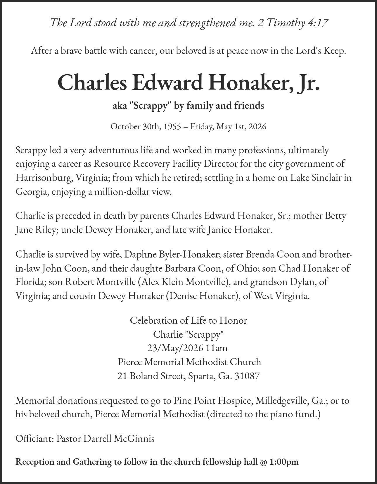 Esquela Charles Edward Honaker, Jr. – obituary.design